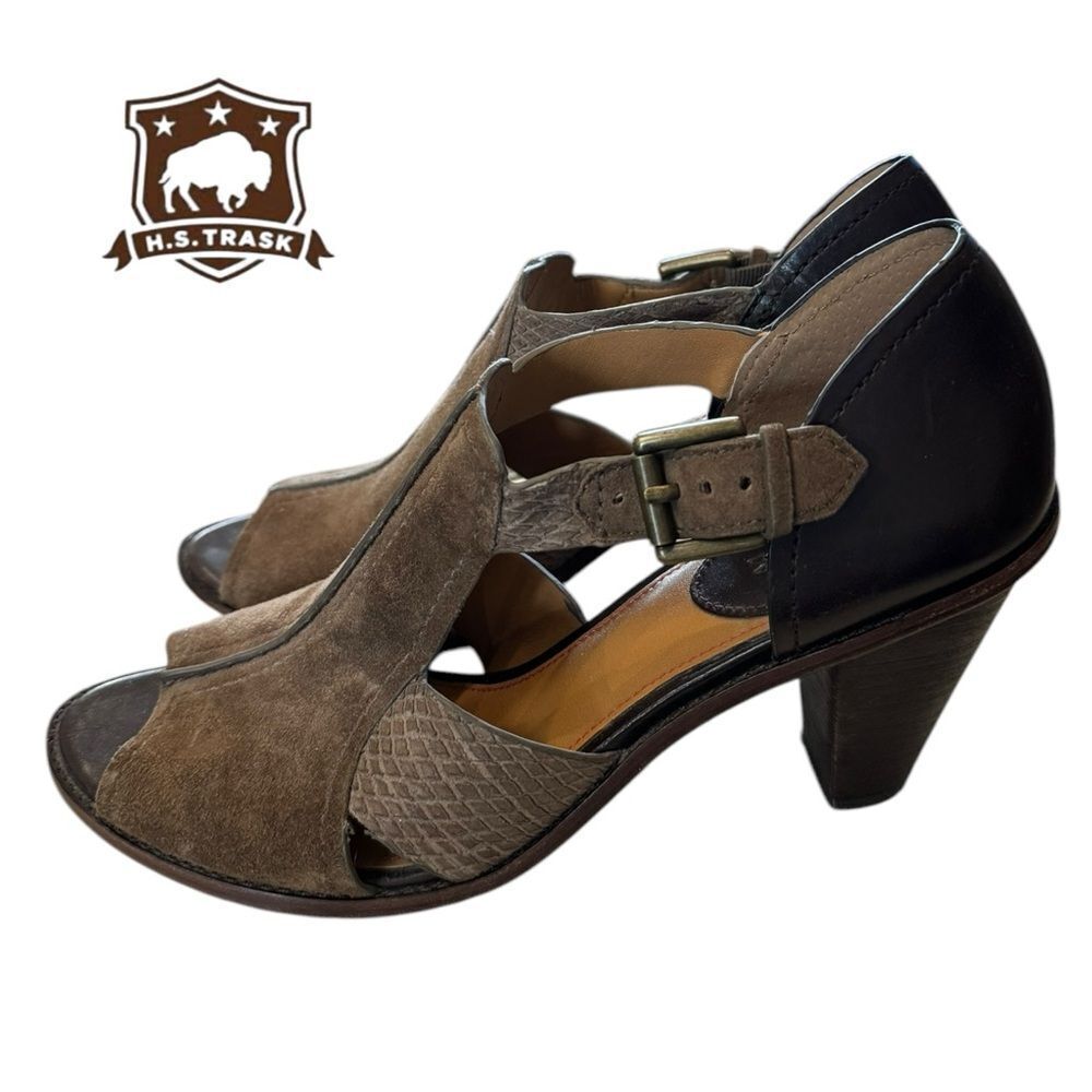 H.S. Trask Anthropologie Ginger Taupe Suede Leather Heels Sandals 10